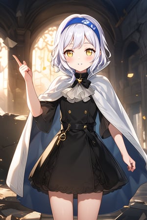 score_9, score_8_up, score_7_up, score_6_up, score_5_up, score_4_up,source_anime,10yo, Melina with short white hair and yellow eyes, blue headband, short hair, cape, skirt. melina_c

profile,Close mouth,

She the dress glinting in the soft lighting. Her parted lips form a arrogant smile as she holds up her hand, showcasing her elegant demeanor.

The scene is Fight with a in the ruins backdrop, with a hint of blush on Melina's cheeks, giving off an air of sweetness and innocence.