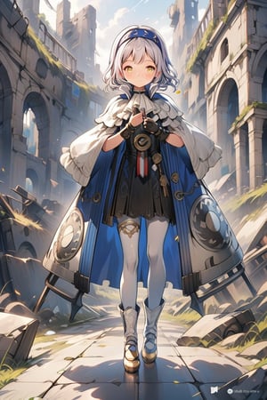 score_9, score_8_up, score_7_up, score_6_up, score_5_up, score_4_up,source_anime,10yo, 1girl, Melina with short white hair,  white pantyhose, yellow eyes, blue headband, short hair, cape, skirt,  foot armor. melina_c

(profile:1.2), Close mouth,

She the dress glinting in the soft lighting. showcasing her elegant demeanor.

The scene is Fight with a in the ruins backdrop, with a hint of blush on Melina's cheeks, giving off an air of sweetness and innocence.