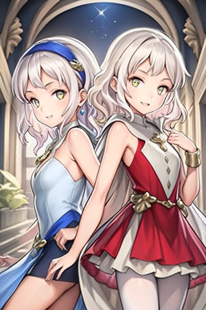 2girl, 10 yo, multipke girls, closed together, Anime style, 4K UHD, high quality, masterpiece:1.5,

(Melina, short hair:1.2, white hair, yellow eyes, blue clothes, white pantyhose, blue headband);
(thillelille, long hair, blond hair, green eyes, red clothes, black pantyhose:1.5, yellow headgear);

breasts, looking at viewer, blush, smile, medium breasts, hair ornament, dress, holding, cleavage, bare shoulders, jewelry, collarbone,   sidelocks, cowboy shot, earrings, parted lips, hand up, strapless, covered navel, gem, strapless dress, pelvic curtain, armlet, gold trim, glint, elegant palace background