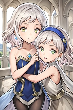 2girl, 10 yo, multipke girls, closed together, Anime style, 4K UHD, high quality, masterpiece:1.5,

(Melina, short hair:1.2, white hair, yellow eyes, blue clothes, white pantyhose, blue headband, shut up);
(thillelille, long hair, blond hair, green eyes, red clothes, black pantyhose:1.5, yellow headgear);

looking at viewer, blush, smile, dress, holding,  bare shoulders, jewelry, collarbone,   sidelocks, cowboy shot, earrings, parted lips, hand up, strapless, covered navel, gem, strapless dress, pelvic curtain, armlet, gold trim, glint, elegant palace background, divine radiance