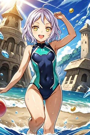 score_7, score_6_up, score_5_up, score_4_up, Melina , Anime style, 4K UHD, high quality, masterpiece:1.5 Character: 1 girl (solo), 14yo, short hair, short white hair :1.2, yellow eyes, open mouth, smiling, cheerful expression Outfit: (high-tech sleek one-piece swimsuit):1.5, (blue and white and green pattern and holographic design):1.3, Pose: Beach water play:1.3, splash water, Setting: Beach, Sunlight, Props: blister, sand castle, Show feet, Lift with one foot, Atmosphere: Astigmatism, different light sources Details: sharp focus, detailed water textures, droplets on skin, photoreal:1.2 Style: anime, sports, futuristic, advanced technology