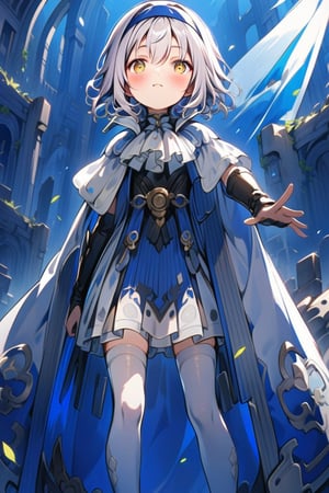 score_9, score_8_up, score_7_up, score_6_up, score_5_up, score_4_up,source_anime,10yo, 1girl, Melina with short white hair,  white pantyhose, yellow eyes, blue headband, short hair, cape, skirt,  foot armor. melina_c

(profile:1.2), Close mouth,

She the dress glinting in the soft lighting. showcasing her elegant demeanor.

The scene is Fight with a in the ruins backdrop, with a hint of blush on Melina's cheeks, giving off an air of sweetness and innocence.