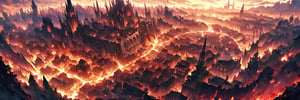 Aerial panorama of a medieval metropolis under siege: 200,000 attackers, including demonic forces and human armies, converge on the city walls as 100,000 defenders, comprising humans and female elven warriors, valiantly protect their stronghold. The battle rages with unfathomable ferocity, corpses strewn about in heaps, their bodies crimson-stained and battered. High-contrast lighting casts long shadows across the chaotic landscape, as the war-torn cityscape unfolds in breathtaking 8K detail from a bird's-eye view.
