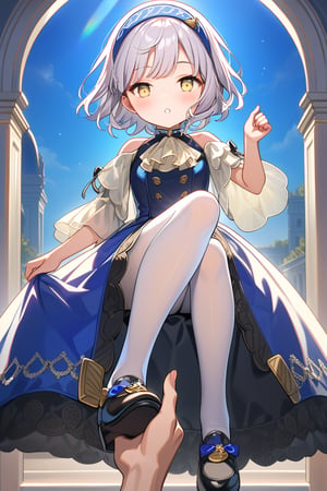 12yo, Melina with short white hair and yellow eyes, wearing blue clothes, white pantyhose, and a blue headband ,short hair.

(girl boldly steps on the man's head with her foot, showcasing her confidence and sassiness.):1.5


The scene is framed by an elegant palace background, radiating divine light.

She the dress glinting in the soft lighting. Her parted lips form a arrogant smile as she holds up her hand, showcasing her elegant demeanor. 

The scene is set against a rich blue backdrop, with a hint of blush on Melina's cheeks, giving off an air of sweetness and innocence.