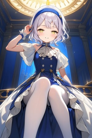 12yo, Melina with short white hair and yellow eyes, wearing blue clothes, white pantyhose, and a blue headband ,short hair.

(girl boldly steps on the man's head with her foot, showcasing her confidence and sassiness.):1.5


The scene is framed by an elegant palace background, radiating divine light.

She the dress glinting in the soft lighting. Her parted lips form a arrogant smile as she holds up her hand, showcasing her elegant demeanor. 

The scene is set against a rich blue backdrop, with a hint of blush on Melina's cheeks, giving off an air of sweetness and innocence.