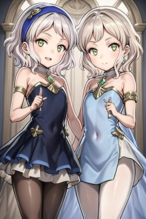 2girl, 10 yo, multipke girls, closed together, Anime style, 4K UHD, high quality, masterpiece:1.5,

(Melina, short hair:1.2, white hair, yellow eyes, blue clothes, white pantyhose, blue headband, shut up);
(thillelille, long hair, blond hair, green eyes, red clothes, black pantyhose:1.5, yellow headgear);

looking at viewer, blush, smile, dress, holding,  bare shoulders, jewelry, collarbone,   sidelocks, cowboy shot, earrings, parted lips, hand up, strapless, covered navel, gem, strapless dress, pelvic curtain, armlet, gold trim, glint, elegant palace background, divine radiance