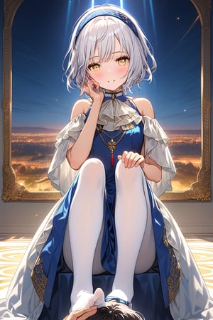 12yo, Melina with short white hair and yellow eyes, wearing blue clothes, white pantyhose, and a blue headband ,short hair.

(girl boldly steps on the man's head with her foot, showcasing her confidence and sassiness.):1.5


The scene is framed by an elegant palace background, radiating divine light.

She the dress glinting in the soft lighting. Her parted lips form a arrogant smile as she holds up her hand, showcasing her elegant demeanor. 

The scene is set against a rich blue backdrop, with a hint of blush on Melina's cheeks, giving off an air of sweetness and innocence.