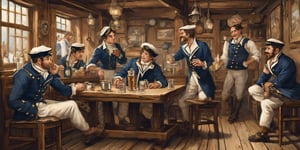 Iustartion of a tavern, 19th century style, small tables at the background, illustration, sailors blue and white stripes ,sailors uniform, drinking and playing cards, 