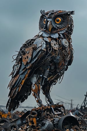 A towering, intricately constructed mechanical owl standing atop a mound of discarded metal and debris. The falcon appears to be made of various metal parts, wires, and tools, giving it a skeletal and mechanical appearance. The background is overcast, adding a somber and post-apocalyptic feel to the scene.
