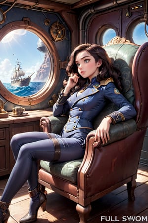 image of  captivating scene featuring by Captain Nemo sitting in an armchair in his cabin on the Nautiluss, semi side view,  gray eyes, (((full body))), Steampunk., ((full body view.)) (( Action pose)) (Masterpiece, Best quality), (finely detailed eyes), (finely detailed eyes and detailed face), (Extremely detailed CG, intricate detailed, Best shadow), conceptual illustration, (illustration), (extremely fine and detailed), (Perfect details), (Depth of field), in a spaceship,disney pixar style