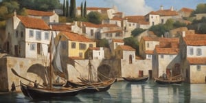 oil painting style of a portuary village, 18th century style, shipts at the background
