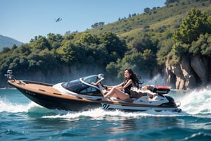 The world-class speedboat race is held on a sunny lake. 1girl, brunete, she is wearing a stylish, black and blue, form-fitting wetsuit in a vibrant color. Her long, wavy hair flows in the ocean breeze as she gazes confidently at the camera. beautiful and sexy contestants. she drives with their own bright smiles and skillful postures. The speedboat jumped on the water like a whirlwind, as eye-catching as a flying fish. The sun shone on the contestants, and the spray of water created layers of mist-like veils. 