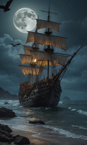 Ultra Close-up portrait, an old and large pirate ghost ship, abandoned and stranded in the waters of a deserted and wild beach at night with a large moon illuminating and reflecting in the sea, rocks and trees around, seagulls and birds flying, the ship is worn out by time and covered in vegetation, atmosphere of fantasy, mystery and dream, dramatic lighting, perfect framing of the image, film poster style, oil painting, vintage photo style, van gogh style, caravagio, Greg Rutkowski style