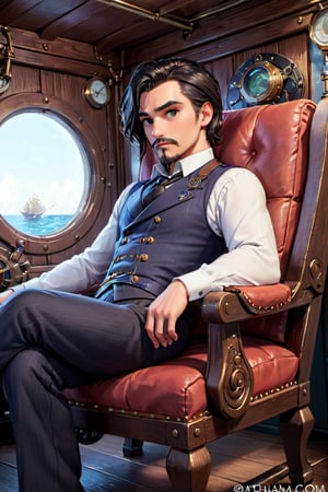1boy, image of  captivating scene featuring by Captain Nemo (confident) sitting in an armchair in his cabin on the Nautiluss, semi side view, mature, gray eyes, dark beard, (((full body))), Steampunk., ((full body view.)) (( Action pose)) (Masterpiece, Best quality), (finely detailed eyes), (finely detailed eyes and detailed face), (Extremely detailed CG, intricate detailed, Best shadow), conceptual illustration, (illustration), (extremely fine and detailed), (Perfect details), (Depth of field),disney pixar style