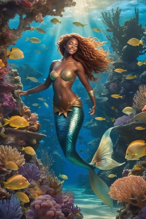 A whimsical underwater scene: A majestic mermaid lounges on a coral reef, surrounded by schools of sparkling fish. Her long, flowing locks flow like seaweed in the ocean currents. She gazes up at Neptune's majestic statue, which looms in the background, as if recalling their mythical escapade. Soft, golden light filters down from above, illuminating her enigmatic smile and casting a warm glow on the reef. The composition features the mermaid as the central focal point, with Neptune's statue and the oceanic scenery subtly framing her ethereal beauty.