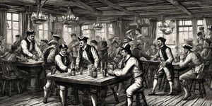 Image of a tavern, 19th century style, small tables at the background, illustration, sailors black and white stripes sailors uniform drinking and playing cards, 
