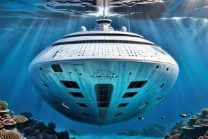 A vast futuristic submerssible cruise ship, passengers can be seen looking out from large viewports on the sides, 8k, detailed, sharp focus, clear ocean water, well illuminated by sun filtering from the surface, the surrounding ocean features a steep vertical wall of corals, sense of the vast ocean depths, beautiful and peaceful