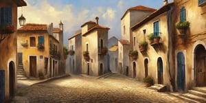 oil painting style of old portuary village and streets, 18th century style, shipts at the background