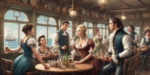 Image of a tavern, 18th century style, small tables at the background, illustration, sailors drinking, sexy girls passing by