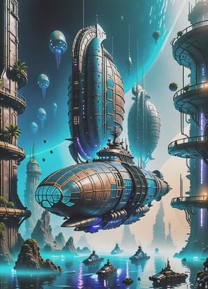 The Nautilus frigate spacecraft, Cyberpunk,  Style, underwater, game, the underwater city base is visible through a blue haze