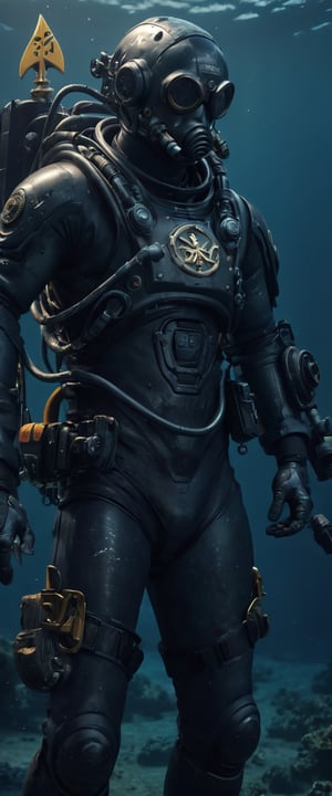 8k uhd,High resolution CGI artwork 8k), 1man in a Deep divers suit Marine 40k, diver marine armor, trident symbol on the chest, agressive look, 