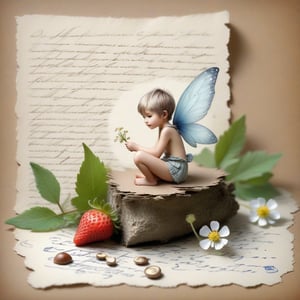((ultra realistic photo)), artistic sketch art, Make a little PASTELL pencil sketch of a cute TINY PIXIE SITTING on an old TORN EDGE paper , art, textures, pure perfection, high definition, TINY DELICATE FLOWERS, WILD BERRIES ,STRAWBERRY, TREES, LEAF, FEATHER, TINY MUSHROOM, TINY BUTTERFLY, TINY SUNREY, GRASS FIBERS on the paper,  detailed calligraphy texts, TINY delicate drawings, tiny delicate signature