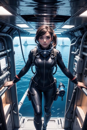 4K,hight resolution,One Woman,Dark hair,poneyTail. Dark eyes,Colossal ,Deep diving suit, diving suit,diving helmet,Jules Verne style, ship at the background in the sea