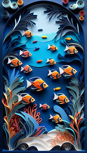 (Multilayer and multidimensional paper cut craft, paper illustration, paper quilling, 3D, colorful illustration of the sea with tropical fish, dark blue background, fantasy, fractal, beautiful color grade, magical mysterious landscape paper Quilling landscape, ultimate perfect Beautiful and magnificent composition, highly detailed and intricate design, rim light, ultra-detailed, ultra-realistic, photorealistic), Detailed Textures, high quality, high resolution, high Accuracy, realism, color correction, Proper lighting settings, harmonious composition, Behance works,Cinematic,IMGFIX,ct-jeniiii