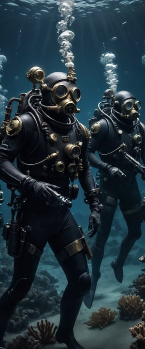 Cinematic scene, a group of deep sea divers, dressed in black and wielding steampunk arpoons weapons, underwater scene, detailed background, masterpiece, best quality, high quality, highres, absurdres, helmets on, steampunk