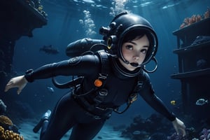 Cinematic scene, 1girl, deep sea diver swimming,  dressed in black and blue,  underwater scene, detailed background, masterpiece, best quality, high quality, high_resolution