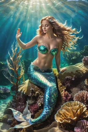 A majestic underwater scene: a lone mermaid, glistening scales shimmering in the soft glow of sunlight filtering through the ocean's surface. She sits serenely on a bed of seaweed, her flowing locks undulating with the currents. Her tail sparkles like diamonds as she gazes out at the viewer, radiating an aura of mystique and allure.