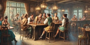Image of a tavern, 18th century style, small tables at the background, illustration, people drinking, sexy girls