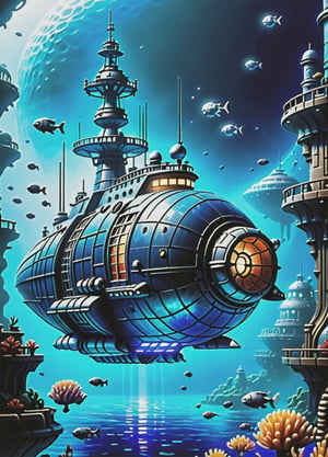 The Nautilus frigate spacecraft, Style, underwater, game, the underwater city base is visible through a blue haze