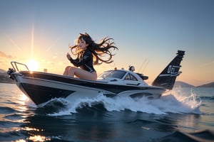 The world-class speedboat race is held on a sunny lake. 1girl, brunete, she is wearing a stylish, black and blue, form-fitting wetsuit in a vibrant color. Her long, wavy hair flows in the ocean breeze as she gazes confidently at the camera. beautiful and sexy contestants. she drives with their own bright smiles and skillful postures. The speedboat jumped on the water like a whirlwind, as eye-catching as a flying fish. The sun shone on the contestants, and the spray of water created layers of mist-like veils. 