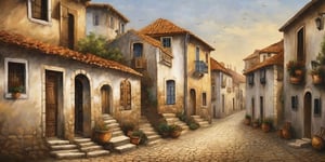 oil painting style of old portuary village and streets, 18th century