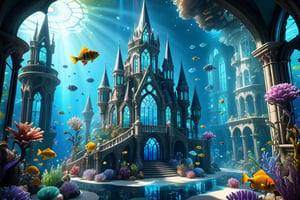 4d spring-theme videogame landscape, ((Cristal Palace at the botton of the ocean, made out of stained glass crystal transparent, fantasy art, Atlantida (underwater city), scenery, there re fish in the ocean and reefs, amazing wallpaper, 4k high res, very beautiful photo, underwater city make out of glass, magical colors and atmosphere, epic artwork, bloom. high fantasy)), (Game Cinematic Feel, Epic Graphics, Intricately Detailed, 8K Resolution, Dynamic Lighting, Unreal Engine 5, CryEngine, Trending on ArtStation, HDR, 3D Masterpiece, Unity Render, Perfect Composition:0.8)