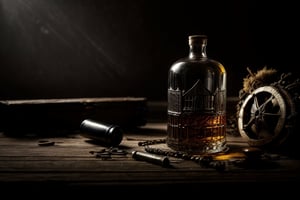 surreal painting featuring a bottle on the table, intricate, highly detailed glass bottle lying on a stand,
inside this bottle a ghost pirate ship with pirates flag, its hull decayed and weather-beaten, stranded on a dark, rocky coastline, casting the scene in an ominous light, the rough texture of the dry brush style adds to fantastical, dark, gothic, symbolic, disturbing, intricate, highly detailed glass bottle on a stand, moody lighting, complex textures, organic forms intertwined with mechanical elements
Close up view