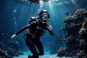 Cinematic scene, 1girl, deep sea diver swimming,  dressed in black and blue,  underwater scene, detailed background, masterpiece, best quality, high quality, high_resolution