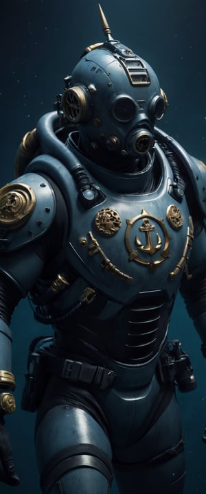 8k uhd,High resolution CGI artwork 8k), 1man in a Deep divers suit Marine 40k, diver marine armor, trident symbol on the chest, agressive look, 