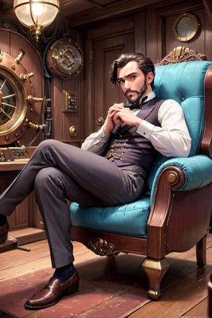 1boy, image of  captivating scene featuring by Captain Nemo sitting in an armchair in his cabin on the Nautiluss, semi side view, mature, gray eyes, dark beard, (((full body))), Steampunk., ((full body view.)) (( Action pose)) (Masterpiece, Best quality), (finely detailed eyes), (finely detailed eyes and detailed face), (Extremely detailed CG, intricate detailed, Best shadow), conceptual illustration, (illustration), (extremely fine and detailed), (Perfect details), (Depth of field),disney pixar style
