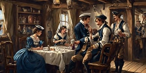 Iustartion of a tavern, 19th century style, small tables at the background, illustration, sailors blue and white stripes ,sailors uniform, drinking and playing cards, pocker game, pretty girls,scenery