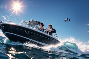 The speedboat race is held on a sunnyday. a couple,  1girl, brunete, she is wearing a stylish, black and blue, form-fitting wetsuit in a vibrant color, 1boy, dark hair, divers wetsuit. Her long, wavy hair flows in the ocean breeze as she gazes confidently at the camera. beautiful and sexy contestants. they drive with their own bright smiles and skillful postures. The speedboat jumped on the water like a whirlwind, as eye-catching as a flying fish. The sun shone on the contestants, and the spray of water created layers of mist-like veils. 