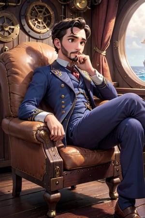 1boy, image of  captivating scene featuring by Captain Nemo sitting in an armchair in his cabin on the Nautiluss, semi side view,  gray eyes, dark beard, (((full body))), Steampunk., ((full body view.)) (( Action pose)) (Masterpiece, Best quality), (finely detailed eyes), (finely detailed eyes and detailed face), (Extremely detailed CG, intricate detailed, Best shadow), conceptual illustration, (illustration), (extremely fine and detailed), (Perfect details), (Depth of field),disney pixar style