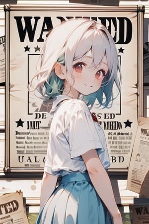 //Quality Masterpiece, Top Quality, Aesthetic, //Character 1 Girl, (Beautiful Red Eyes: 1.0), Big Eyes, Eager Eyes, Mint Green Hair, Smile, //Background Wanted, Shirt, Skirt, Front View Faces, profiles, wanted posters, old paper, tanned paper, paper that says ''CUTE ''