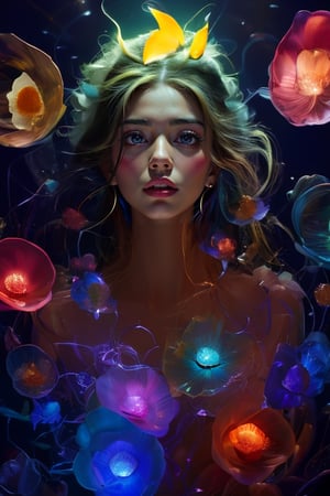 ((Top Quality)), ((Masterpiece)), ((Genuine)), Portrait,
A girl, a celestial body, a god, a goddess, a particle of light, a halo, a line of sight,
(Bioluminescence: 0.95) Many bioluminescent, lightning bolts and separated human limbs float in the rainbow-colored glass, bright, colorful, (glow, glow),
(beautiful composition), cinematic lighting, complex, (symmetry: 0.5), eccentric, absurd,