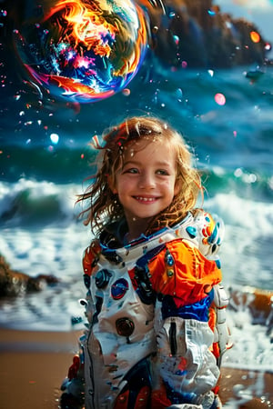 (masterpiece:1.4),portrait of cute 1girl, space suit, smiling,no helmet 
outer planets beach, giant waves swirling in the background, twinkling stars,endless colors, endless depth, perfect lighting,  emotional scene, dramatic shadows, superlative technique, ultimate composition, supreme work of art