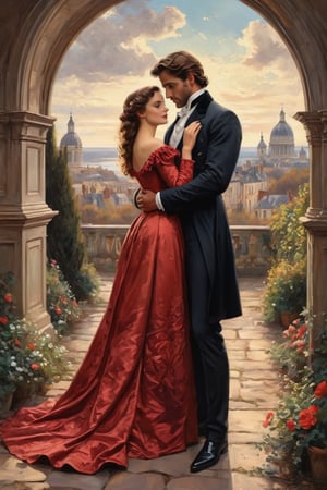 ultra detailed colored illustration full body portrait of A beautiful brunette woman with long hair wearing a long scarlet Victorian-era dress appears behind the young handsome wearingA suit from the Victorian era with neat style as love couple. She wraps her arms around him, burying her face in his back., the precision of John Singer Sargent highlights the woman's features,  light and shadow adds enigmatic depth, background A: A swirling dreamscape with melting clocks and distorted landscapes, extremely detailed, masterpiece, stunning illustration, open eyes, A unique blend of art styles,digital painting Victorian era themes in the background