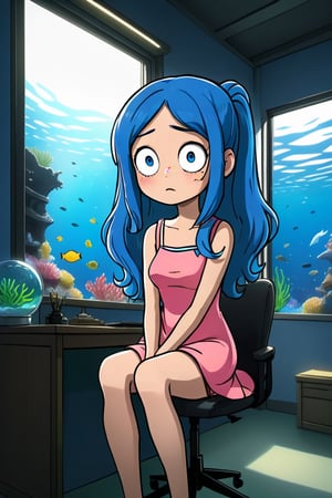 a blue twintail girl in pink dress is sitting on the sofa while a messy desk in under a big window on the left, while a lively aquarium is on the top right of the soga, ultra realistic style


,SFW,cartoon ,cheap cartoon