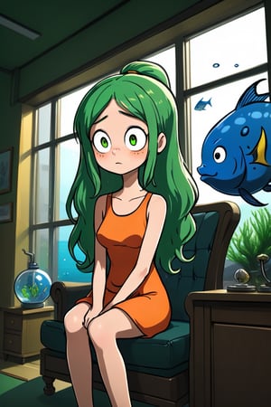 a green twintail girl in orange dress is sitting on the sofa while a messy desk in under a big window on the left, while a lively aquarium is on the top right of the soga, ultra realistic style


,SFW,cartoon ,cheap cartoon