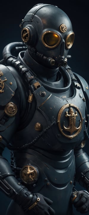 8k uhd,High resolution CGI artwork 8k), 1man in a Deep divers suit Marine 40k, diver marine armor, trident symbol on the chest, agressive look, 